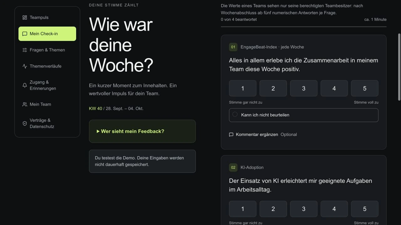Wöchentlicher Check-in der EngageBeat-Demo mit Frage und Antwortskala von eins bis fünf.