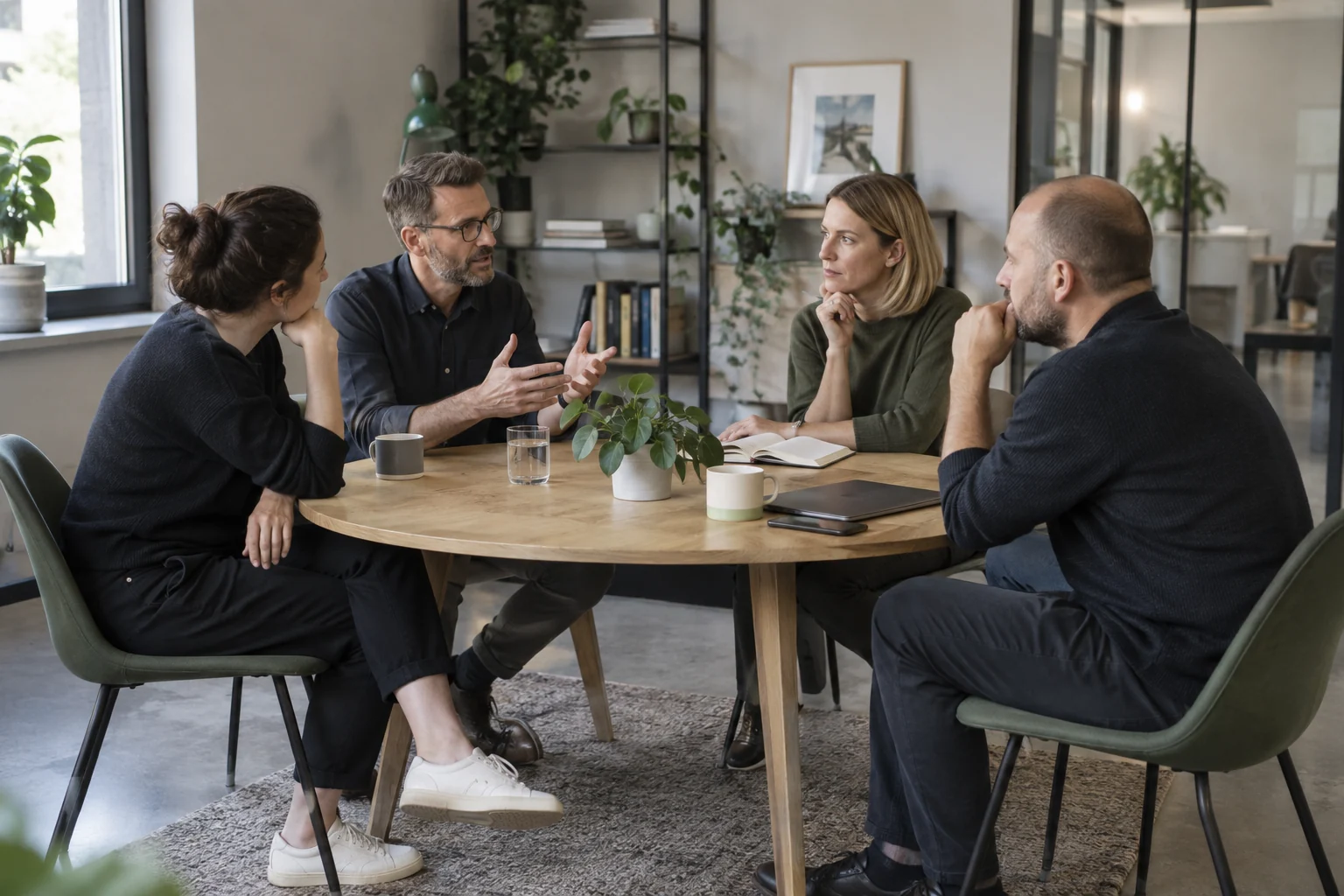 Vier Mitarbeitende hören einander bei einer Besprechung am runden Tisch zu.