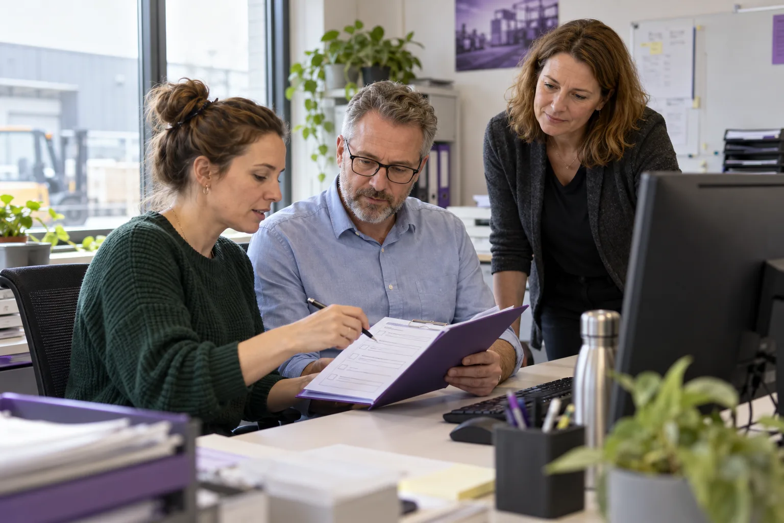 Eine Teamleitung und zwei Beschäftigte prüfen einen neuen Ablauf am Arbeitsplatz.