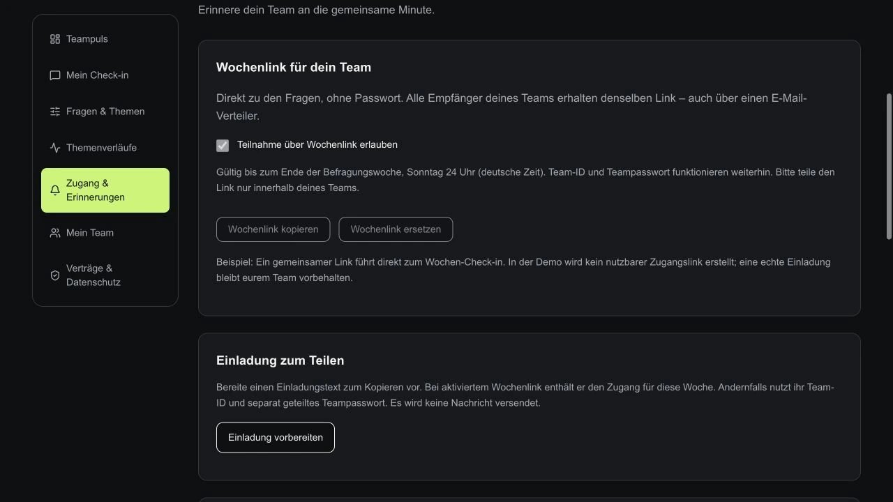 Bereich Zugang und Erinnerungen der EngageBeat-Demo mit Wochenlink und Einladungsvorbereitung.