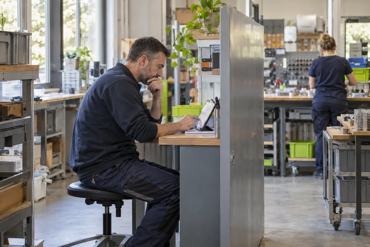 Ein Beschäftigter nutzt ein gemeinsames Tablet in einer seitlich abgeschirmten Nische der Werkstatt.