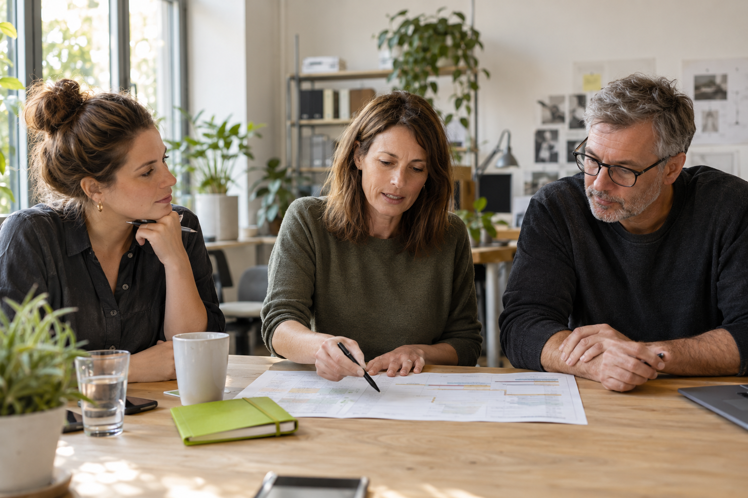 Drei Kolleginnen und Kollegen klären gemeinsam einen Arbeitsplan am Tisch.