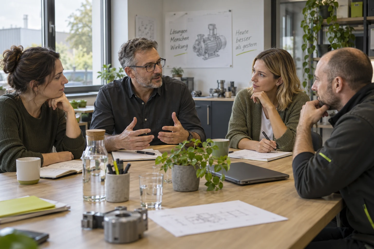 Vier Kolleginnen und Kollegen besprechen an einem gemeinsamen Tisch einen Arbeitsablauf.
